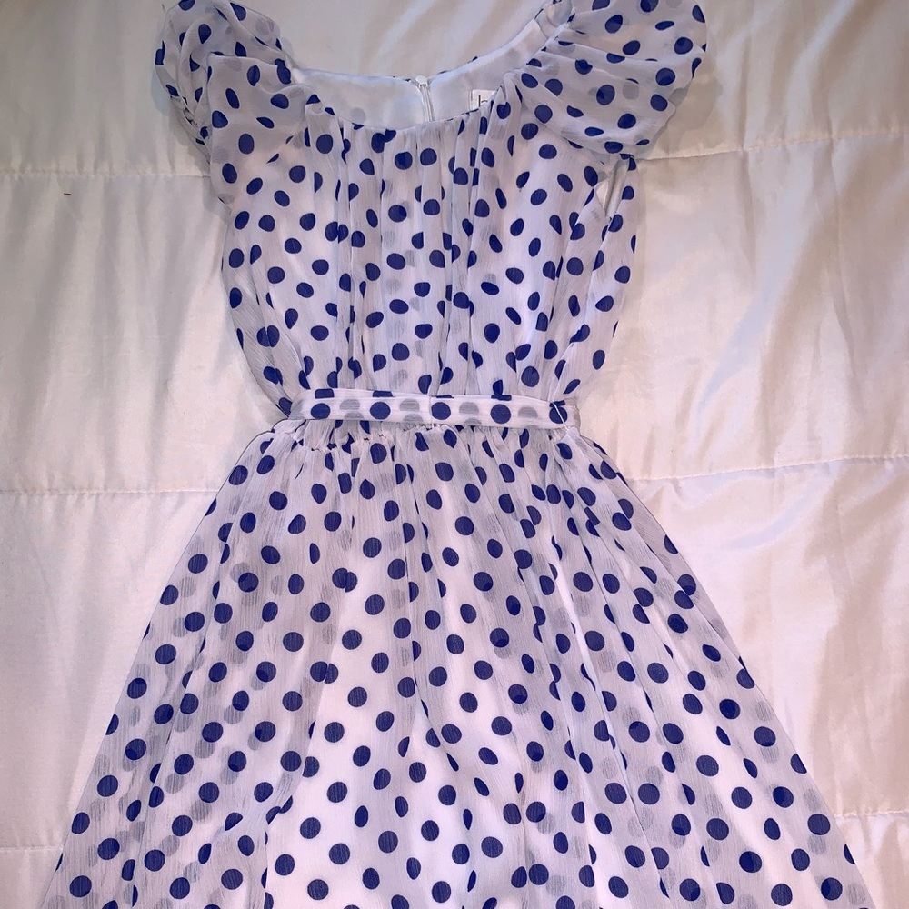 Blush dress white with blue polka dots